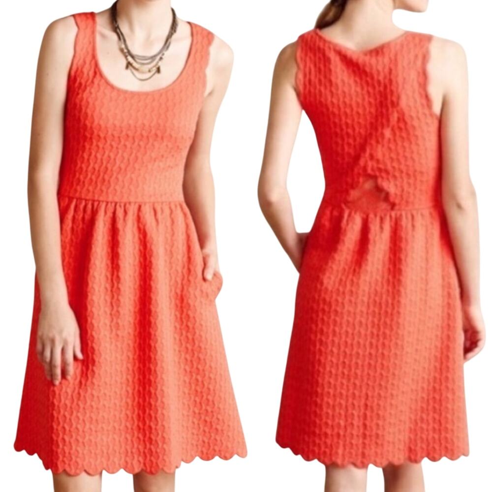 Anthropologie Maeve Scalloped Mini Dress Fit & Flare Sleeveless Texture Coral XS